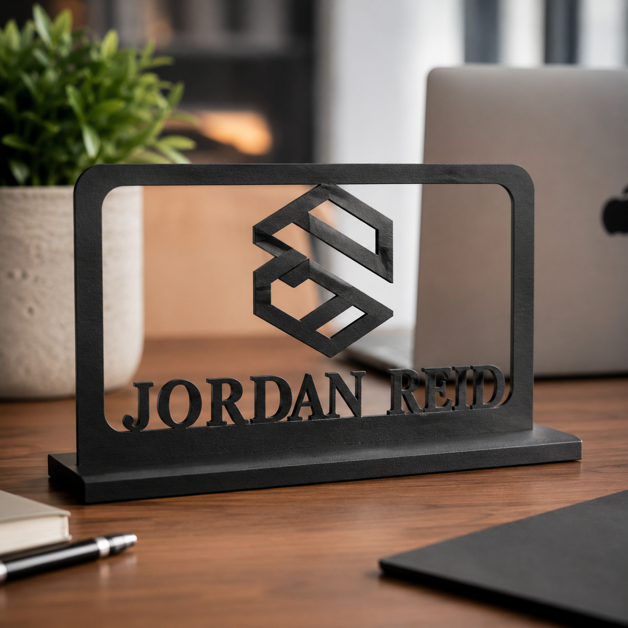Custom logo laser-cut metal desk sign with company logo and engraved employee name — premium corporate employee gift by Taylor Metals