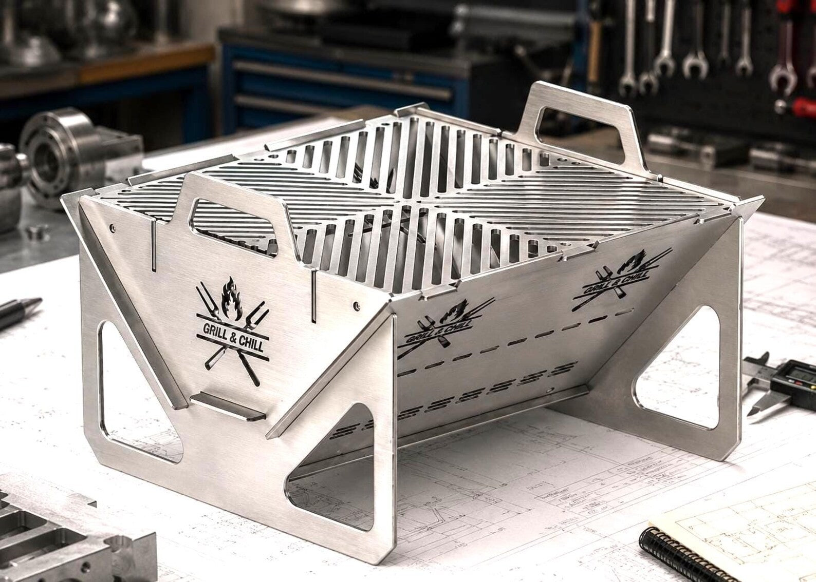 Grill & Chill BBQ grill brushed steel in the fabrication shop