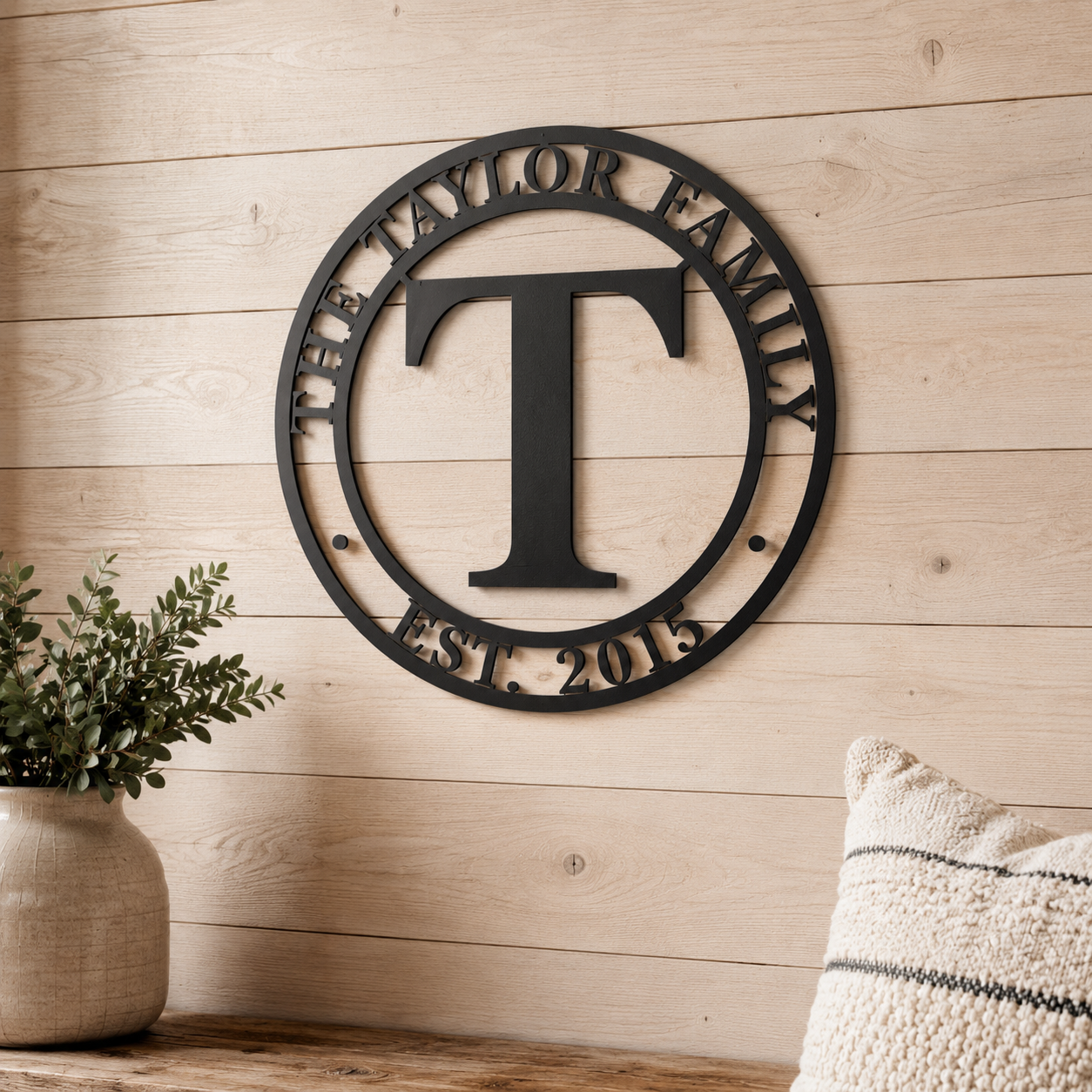 Round laser-cut metal monogram wall art, THE TAYLOR FAMILY with center letter T and EST. 2015 — Taylor Metals