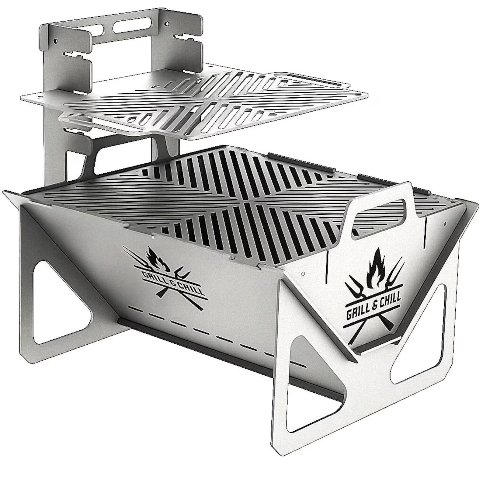 Grill & Chill collapsible steel BBQ grill - assembled with upper warming rack