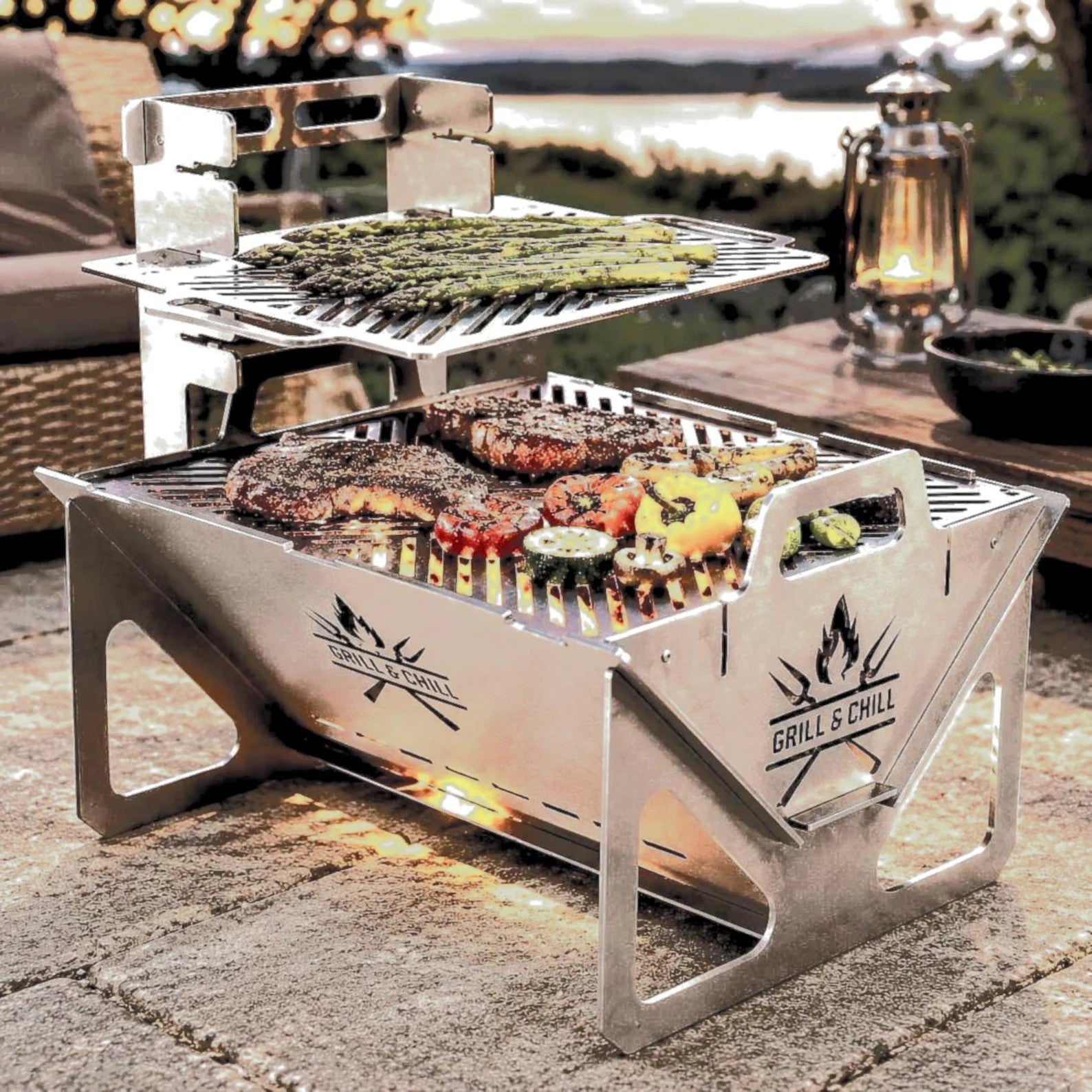 Grill & Chill BBQ grill cooking steaks and vegetables on a patio