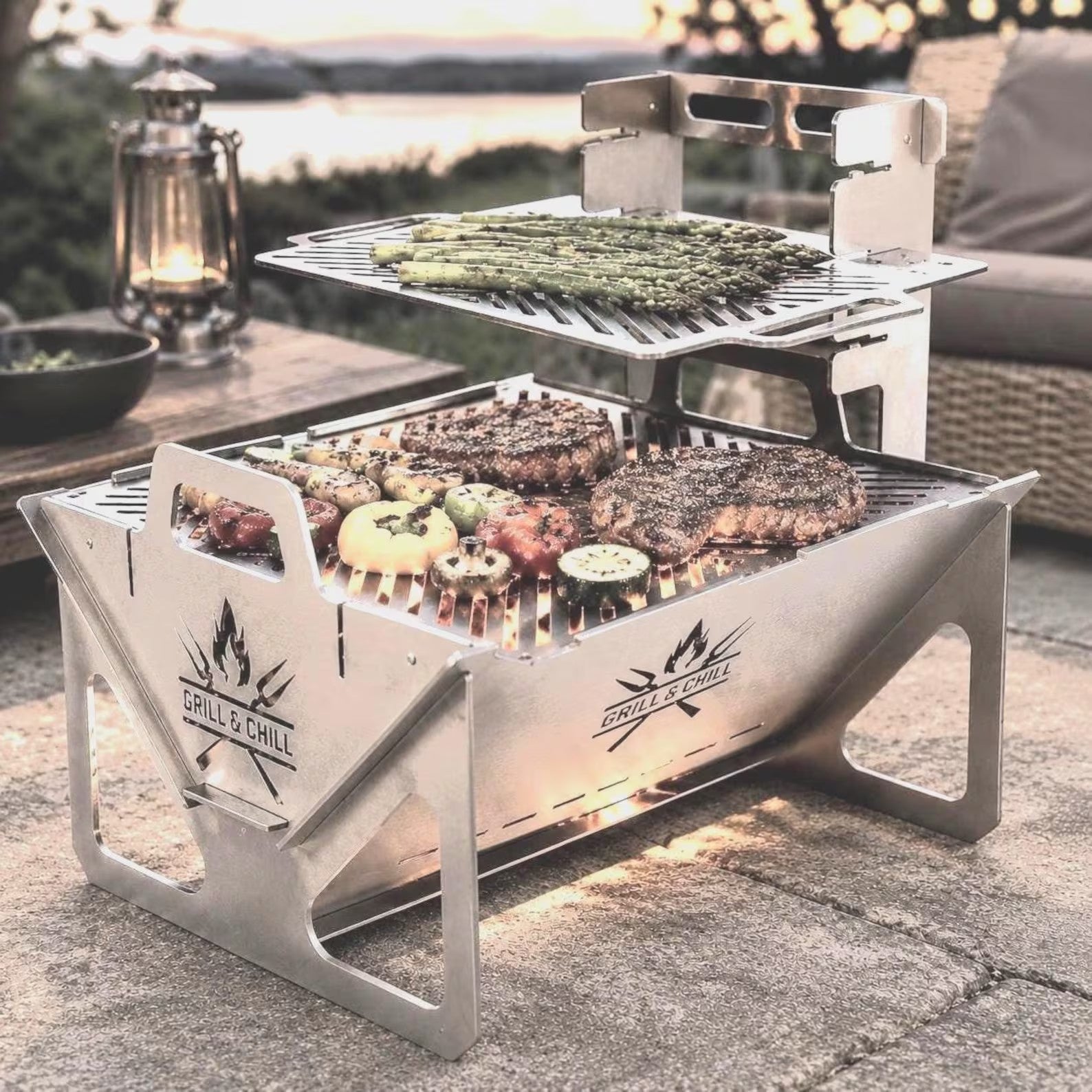 Grill & Chill BBQ grill two-tier grilling at sunset