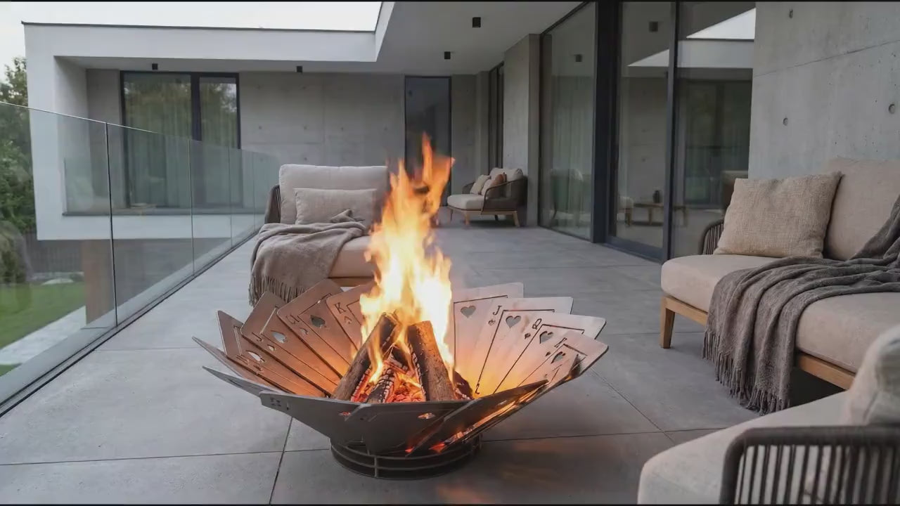 Royal Flush playing-card fire pit burning